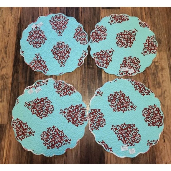 New Split P Round Quilted Reversible Placemats Aqua Red Toile Medallion Set Of 4 - Picture 2 of 6